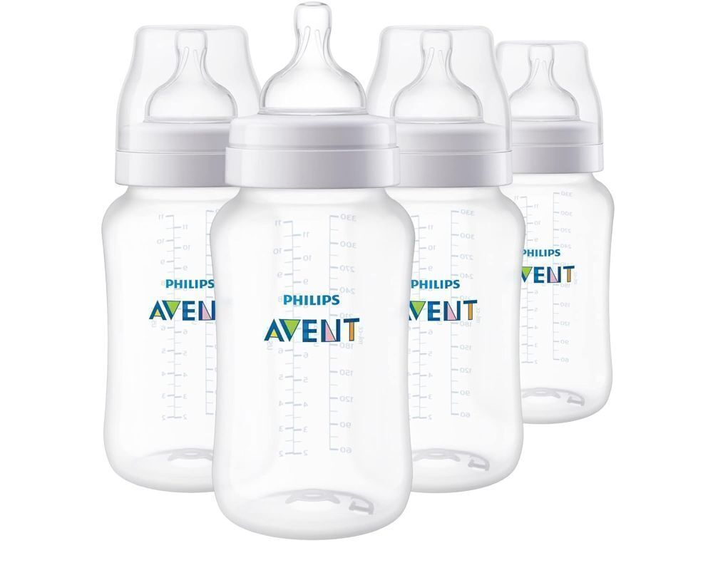 Philips Avent Anti-Colic Baby Bottles, 11oz, with Flow 3 Nipples, 3m+, 4pk, Clear, SCY106/04 - Image 1 - Lot 3997
