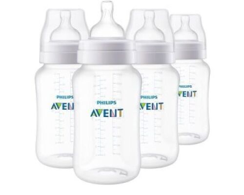 Philips Avent Anti-Colic Baby Bottles, 11oz, with Flow 3 Nipples, 3m+, 4pk, Clear, SCY106/04 - Lot 3997