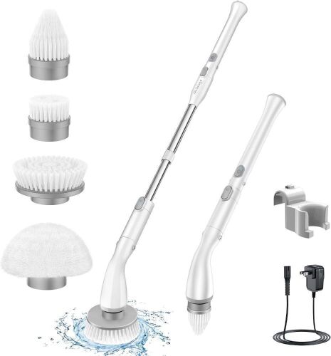 LABIGO Electric Spin Scrubber LA1 Pro, Cordless Spin Scrubber with 4 Replaceable Brush Heads and Adjustable Extension Handle, Power Cleaning Brush for Bathroom Floor Tile (White) - Lot 4111