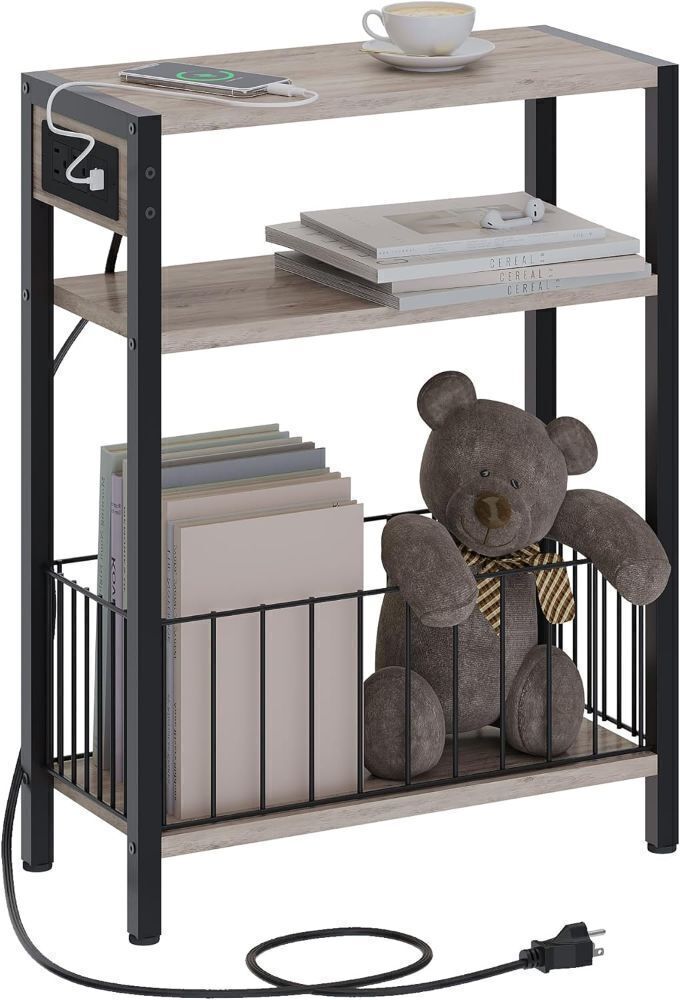 Narrow Side Table with Charging Station, Small End Table for Small Spaces, Slim Nightstand with Storage Basket, 3 Tier Skinny Bedside Table for Living Room, Bedroom, Greige - Image 1 - Lot 4112