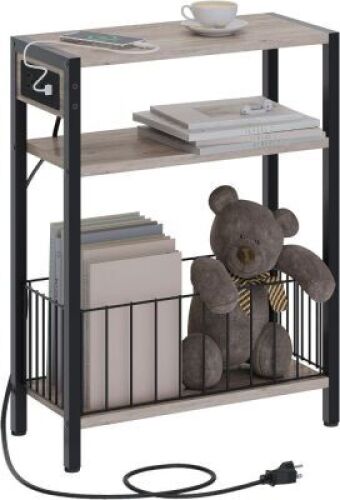 Narrow Side Table with Charging Station, Small End Table for Small Spaces, Slim Nightstand with Storage Basket, 3 Tier Skinny Bedside Table for Living Room, Bedroom, Greige - Lot 4112