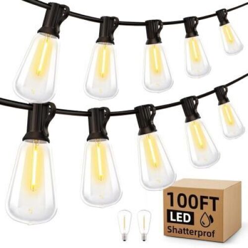 Outdoor String Led Patio Lights - 100Ft 30M Outside Waterproof Light ST38 Shatterproof Bulb Connectable Hanging Outdoor Electric Lighting for Backyard Yard Gazebo Porch Party - Lot 4127