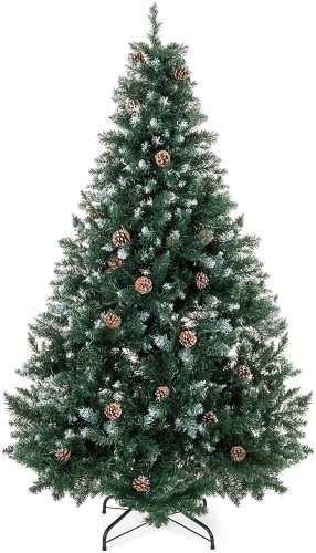 Hinged Artificial Christmas Tree w/Snow Flocked Tips, Pine Cones, Metal Stand - 6ft - Lot 259