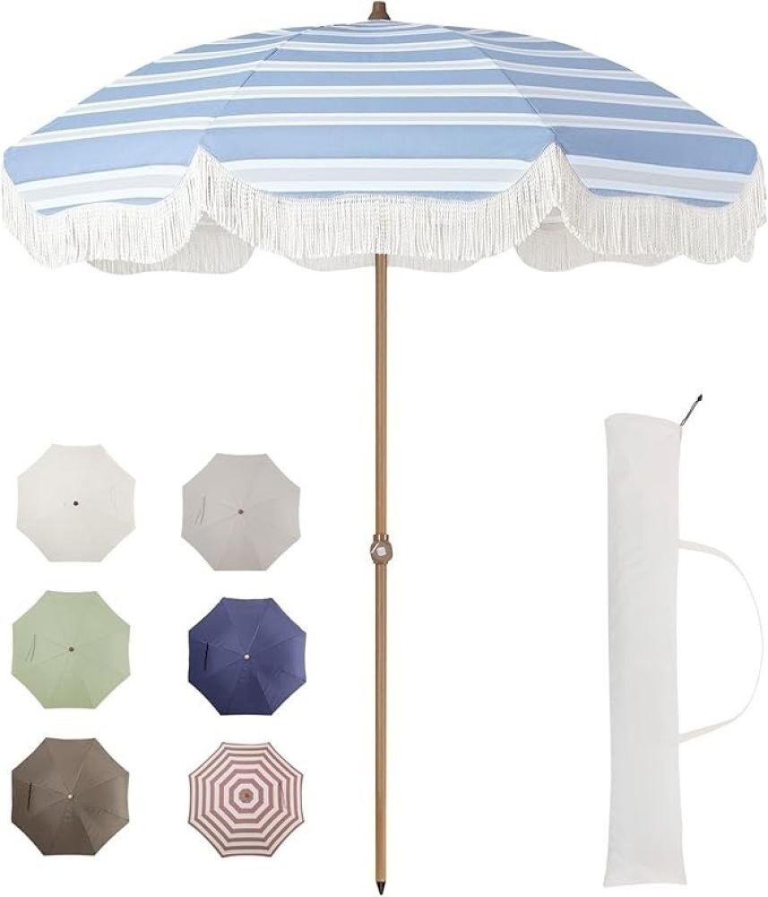 Tempera 7ft Outdoor Patio Umbrella with Carry Bag,Beach Umbrella with Fringe|Vintage - Image 1 - Lot 3349