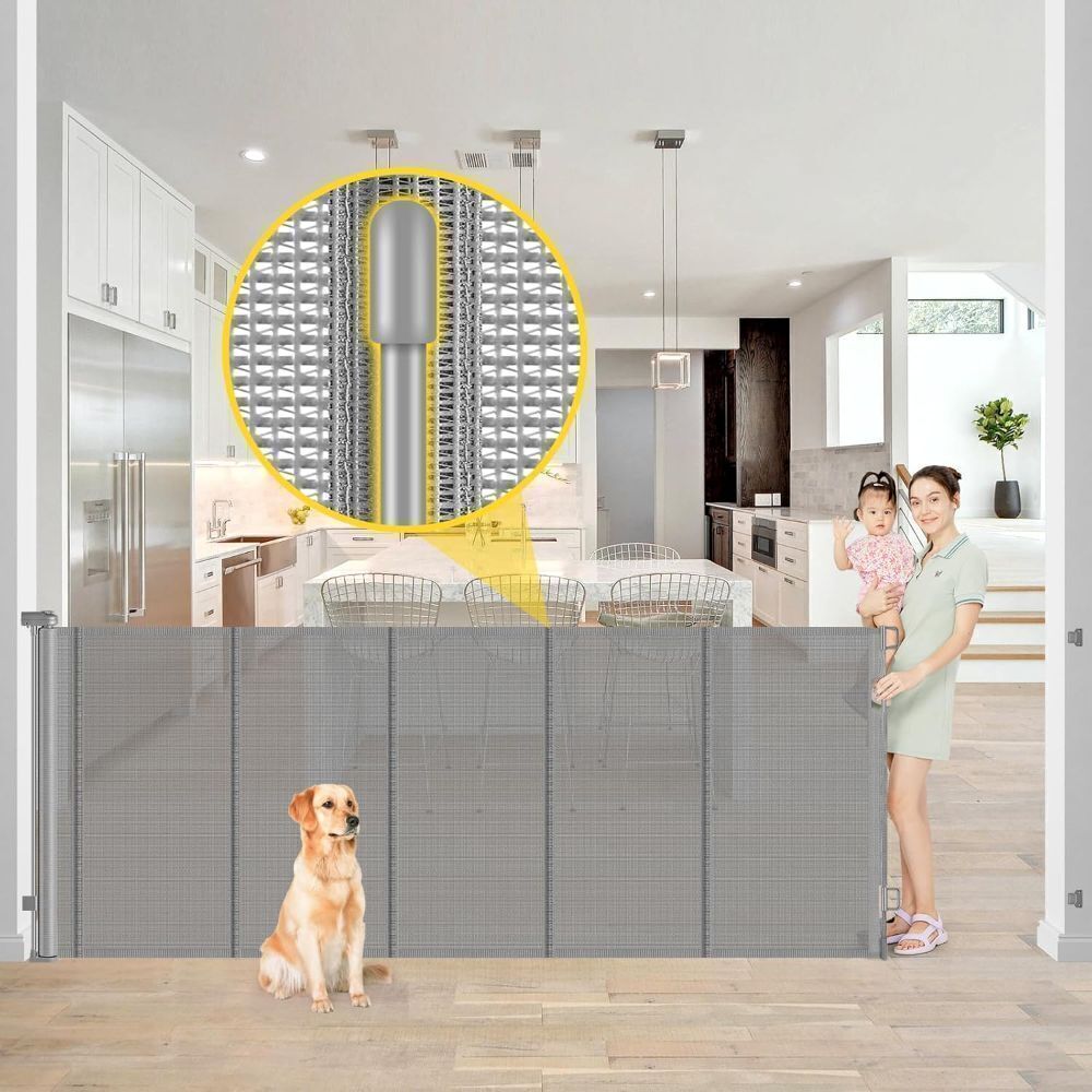 Reinforced 42” Extra Tall x 80” Wide Retractable Baby Gates with Rods to Prevent Crawling Through, Extra Tall Dog Gate for Large Openings Indoor Long Mesh Pet Gate for Stairs and Doorways, Gray - Image 1 - Lot 3586
