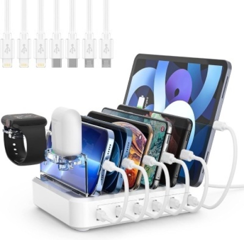 Charging Station for Multiple Devices,60W 6 Port Charger Station with 7 Mixed Charging Cables,USB Charging Dock,Compatible with Cellphone,Tablet, Kindle, iPhone iPad and More (White) - Lot 3618
