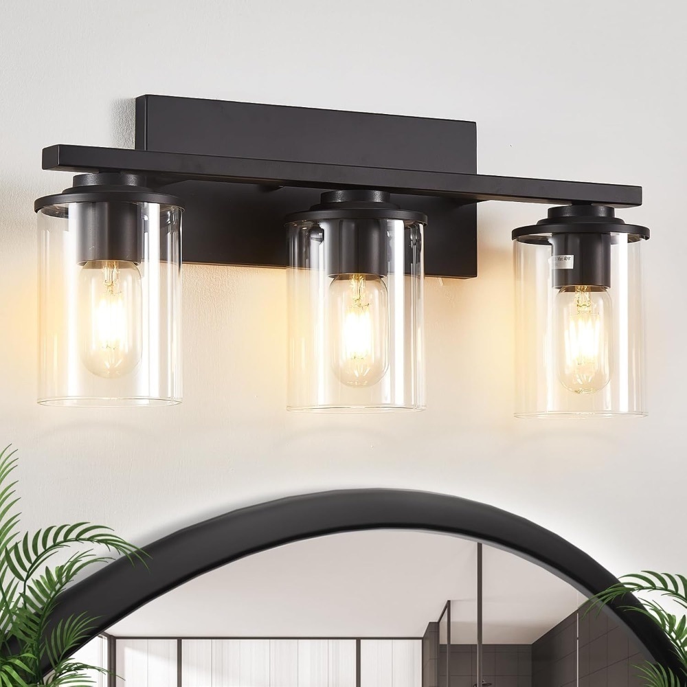 3 Light Bathroom Light Fixtures, Black Vanity Lights Over Mirror, Modern Bathroom Vanity Light with Clear Glass Shade and E26 Base, Matte Black Vanity Lights for Bathroom - Image 1 - Lot 3632