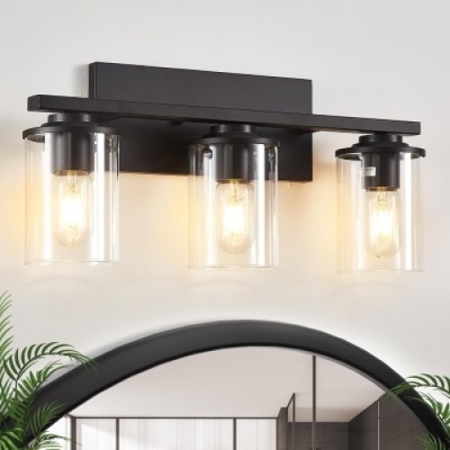 3 Light Bathroom Light Fixtures, Black Vanity Lights Over Mirror, Modern Bathroom Vanity Light with Clear Glass Shade and E26 Base, Matte Black Vanity Lights for Bathroom - Lot 3632