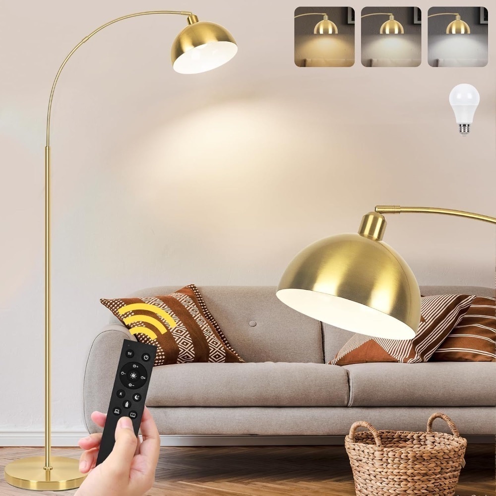 【Upgraded】 Arc Floor Lamps for Living Room - Stepless Dimmable Gold Tall Lamp with Remote Control & Color Temperature 9W LED Bulb, Over Couch Arched Reading Standing Lamp for Bedroom Brass - Image 1 - Lot 3642