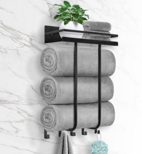 Towel Racks for Bathroom, Towel Rack Wall Mounted with Metal Shelf and 5 Hooks for Small Bathroom, Towel Holder for Bathroom, Bath Towel Storage for Rolled Towels Organizer, Black - Lot 3665