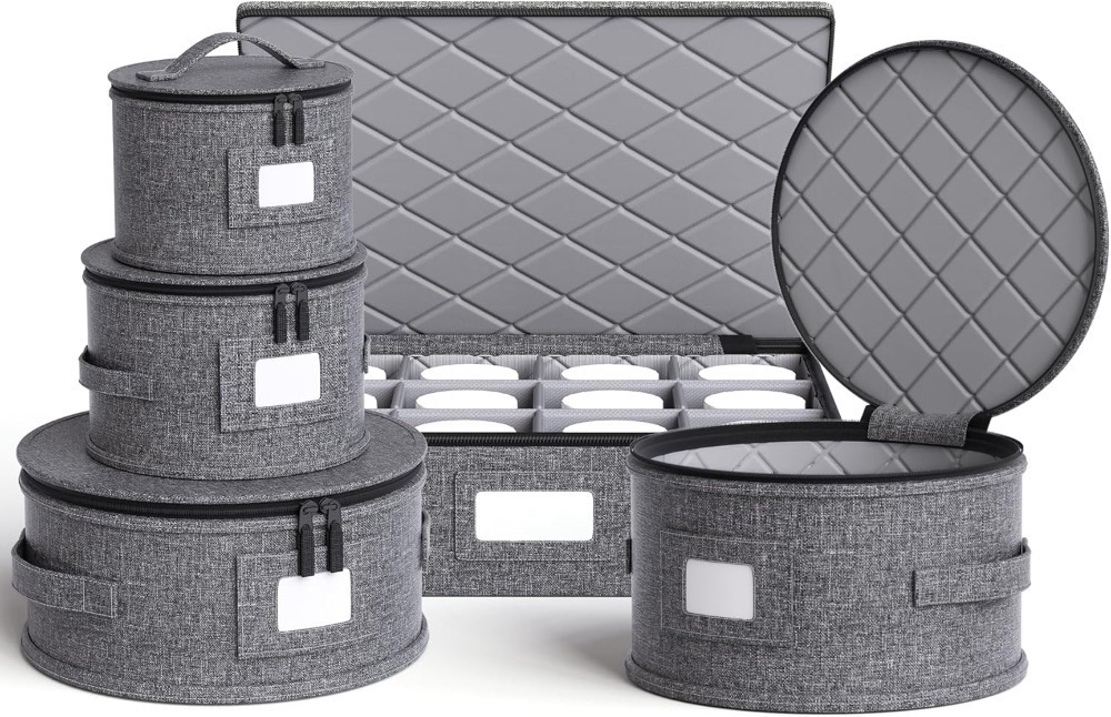 China Storage Containers Hard Shell Box for Moving Dishes, Plate, Wine and Glasses, Dinnerware, Mugs, Saucers Quilted Organizer Dividers for Packing Fine China Storage Containers 5Piece Grey - Image 1 - Lot 3667