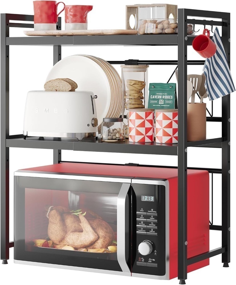 NETEL Expandable Microwave Stand,3 Tier Metal Kitchen Countertop Organizer Shelves with 8 Hooks,Bakers Rack,Microwave Shelf,Microwave Oven Rack,110lbs Weight Capacity - Image 1 - Lot 3670