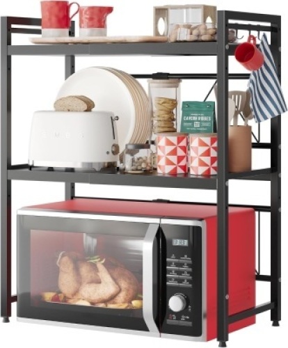 NETEL Expandable Microwave Stand,3 Tier Metal Kitchen Countertop Organizer Shelves with 8 Hooks,Bakers Rack,Microwave Shelf,Microwave Oven Rack,110lbs Weight Capacity - Lot 3670