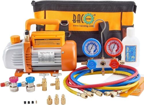 BACOENG 3.6CFM 1/4HP AC Vacuum Pump and Manifold Gauge Set for R134a R22 R410a HVAC Air Conditioning Refrigeration, Includes Can Tap, Quick Coupler Adapters and Carry Bag - Lot 3833