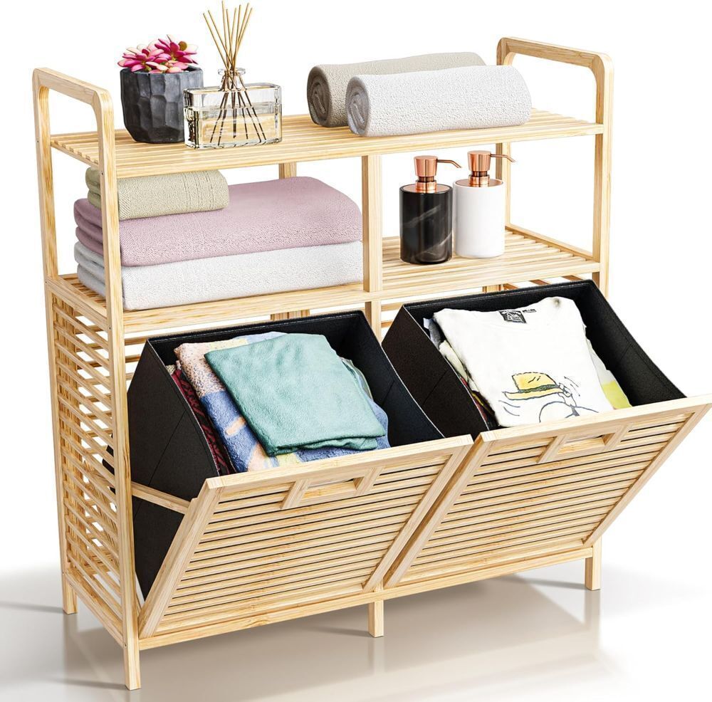Double Tilt Out Laundry Hamper with Shelf - Durable Bamboo Hamper with 2 Removable Laundry Liner Fabrics, Easy Grab Handle & Manual - Pull Out Laundry Hamper Cabinet for Clothes Towels Toys - Image 1 - Lot 3838