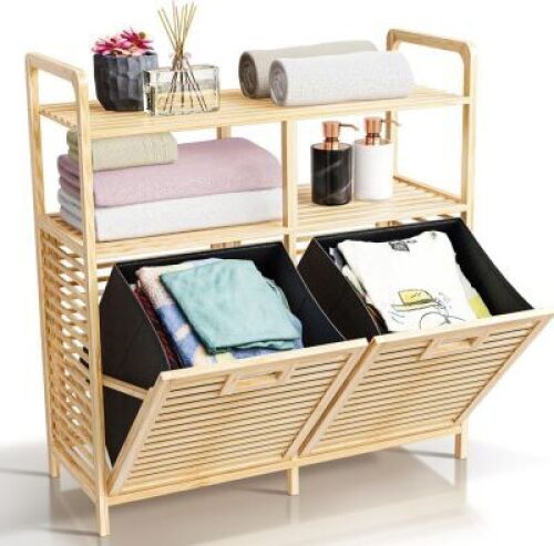 Double Tilt Out Laundry Hamper with Shelf - Durable Bamboo Hamper with 2 Removable Laundry Liner Fabrics, Easy Grab Handle & Manual - Pull Out Laundry Hamper Cabinet for Clothes Towels Toys - Lot 3838