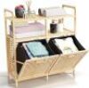 Double Tilt Out Laundry Hamper with Shelf - Durable Bamboo Hamper with 2 Removable Laundry Liner Fabrics, Easy Grab Handle & Manual - Pull Out Laundry Hamper Cabinet for Clothes Towels Toys - Thumbnail 1