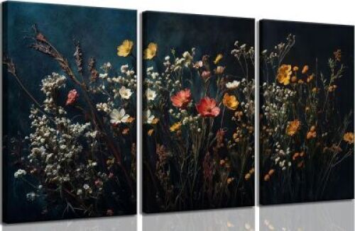 3Pcs Dark Dried Wildflowers Canvas Wall Art - Lot 3840