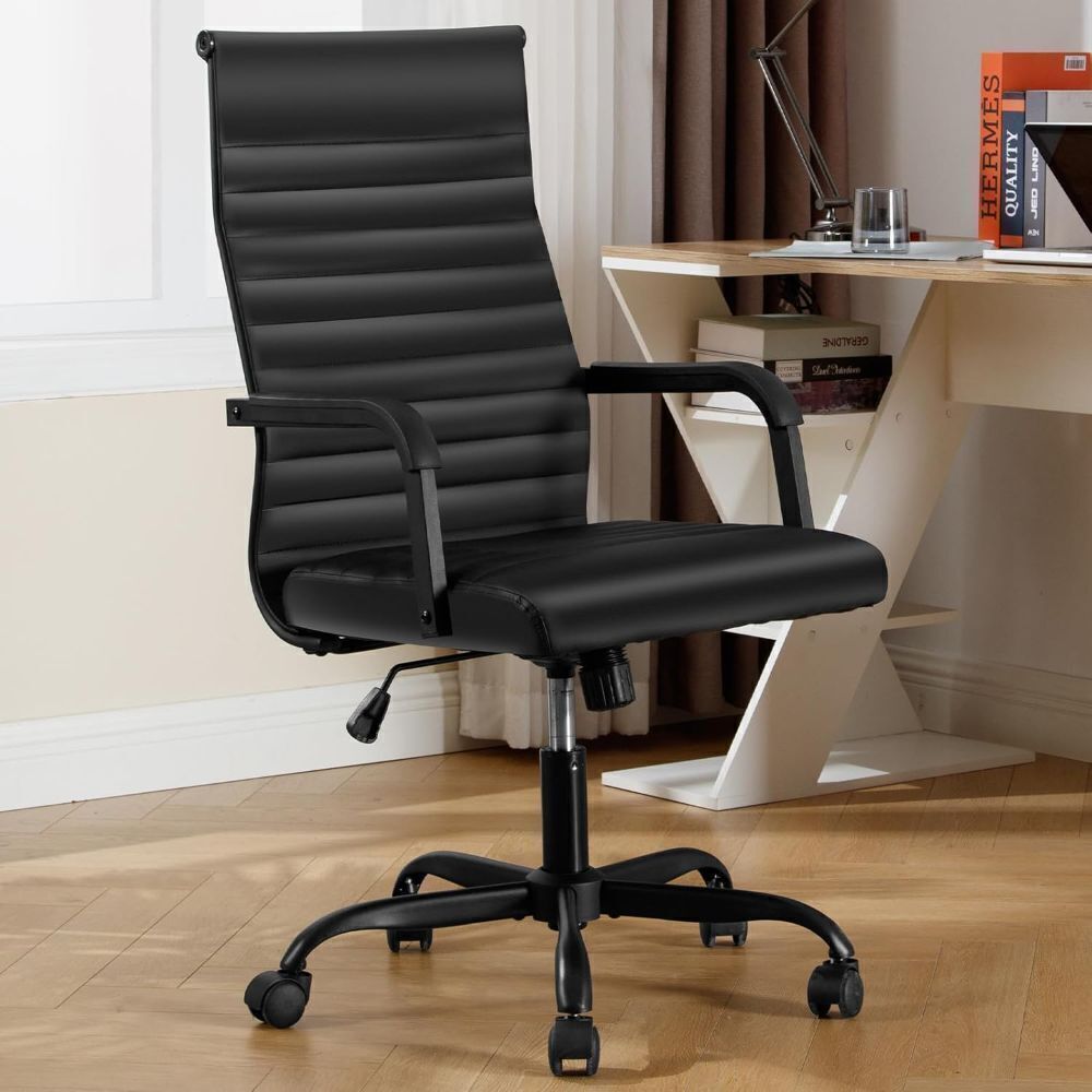 Office Chair, Ergonomic Executive Conference Room Chairs, Ribbed Leather Desk Chair with Lumbar Support, Adjustable Height Mid-Back Swivel Chair with Padded Seat and Square Tube Armrests - Image 1 - Lot 3854