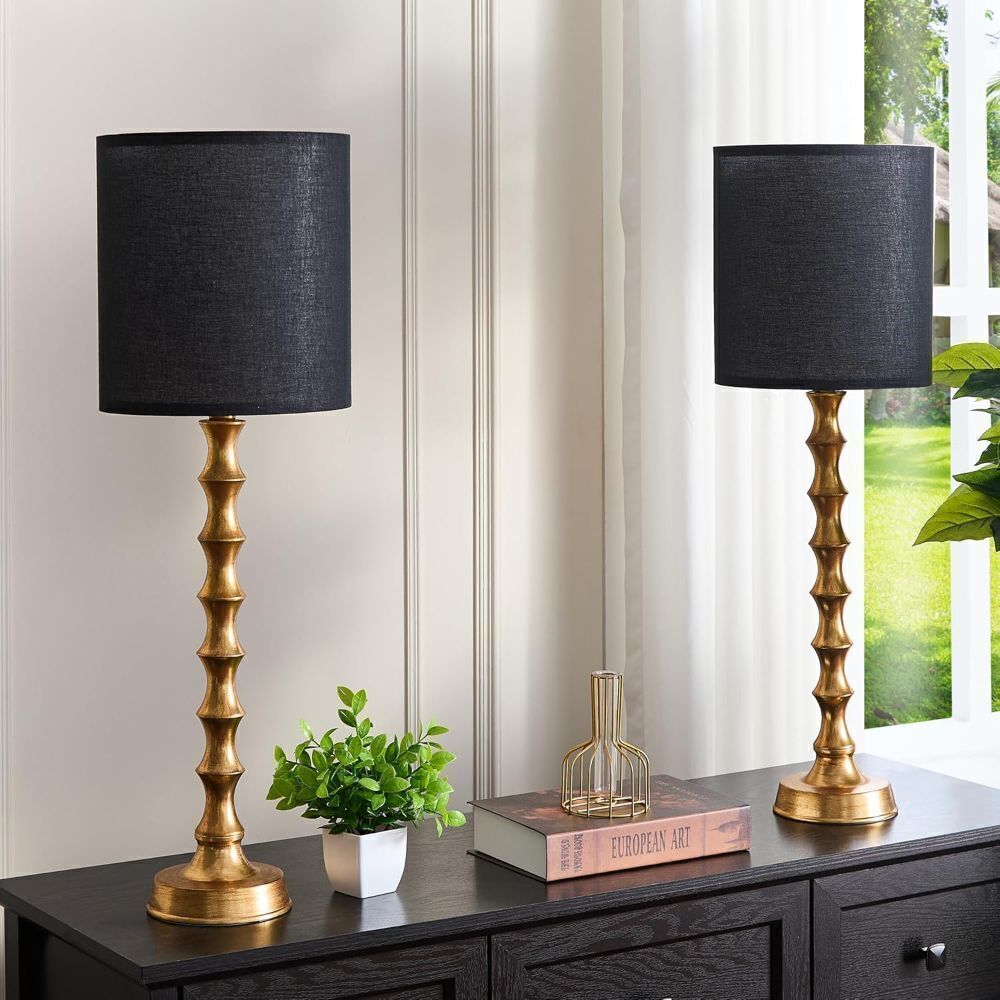 30.5" Gold Buffet Lamps Set of 2 with Black Shade, Buffet Table Lamps Set of 2 for Living Room, Black Golden Lamp for Dining Room, Golden Bamboo Lamps for Credenza - Image 1 - Lot 3860