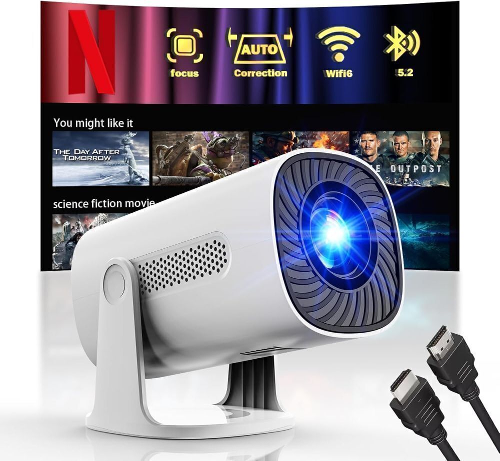 [Built-in Apps & Smart OS] Smart Projector with WiFi and Bluetooth, 1080P FHD 4K Support, Projector with Auto Keystone, Stereo Speaker, Compatible with HDMI/TV Stick/USB, Portable Projector, White - Image 1 - Lot 3929