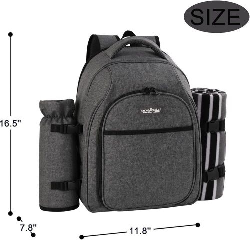 apollo walker Picnic Backpack Bag for 2 Person with Cooler Compartment, Detachable Bottle/Wine Holder, Fleece Blanket, Plates and Cutlery Set (2Person,Grey) - Lot 3990