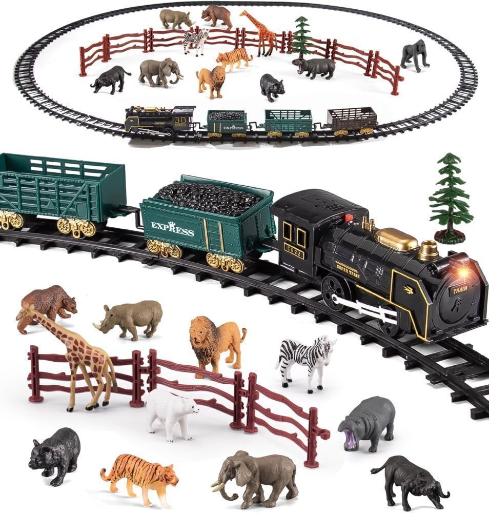 Safari Animals Figures Toy Train Set, Electric Locomotive with Light & Sound - Image 1 - Lot 4067