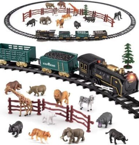 Safari Animals Figures Toy Train Set, Electric Locomotive with Light & Sound - Lot 4067