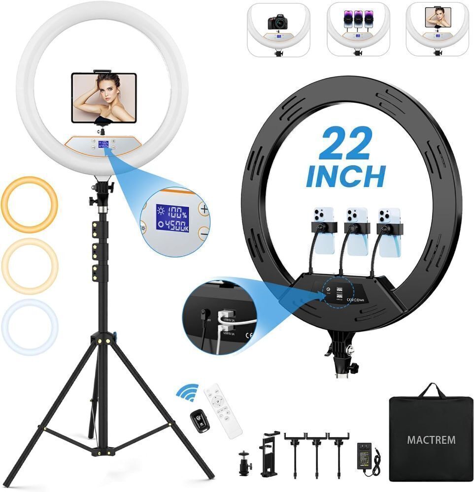 22'' Ring Light with 75'' Tripod Stand, LED Display/2 USB Ports/6500K Dimmable Ring Light - Image 1 - Lot 4091
