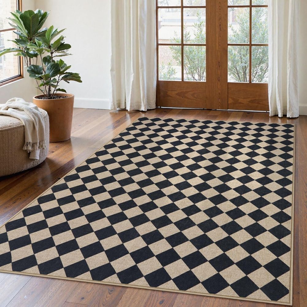 Lahome Checkered Dining Living Room Rug, 5x7 Washable Indoor Outdoor Easy Jute Rug, Farmhouse Neutral Diamond Non Slip Non Shedding Floor Carpet for Sunroom Deck Classroom Office - Image 1 - Lot 4132