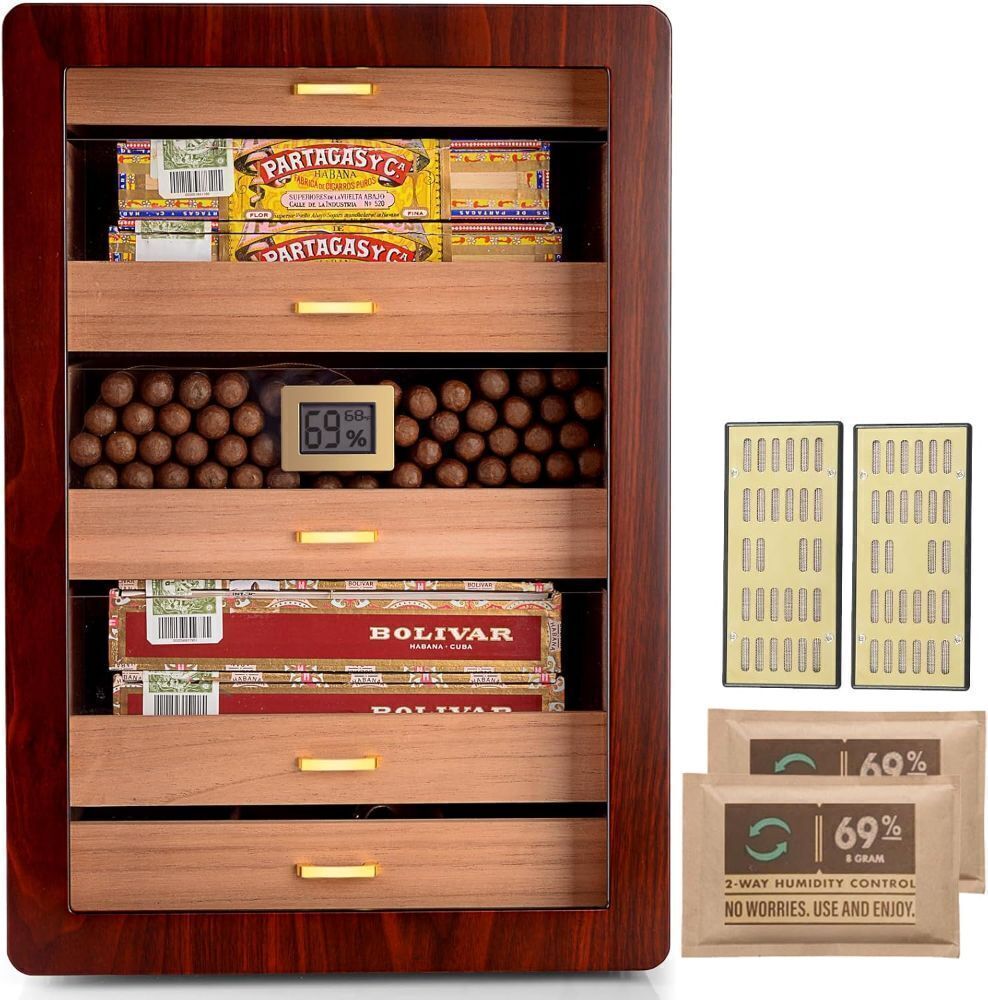 Cigar Humidors, Cedar Wood Humidor with Digital Hygrometer, Drawers, Humidifiers and Gold-Plated Hardwares - Image 1 - Lot 4134