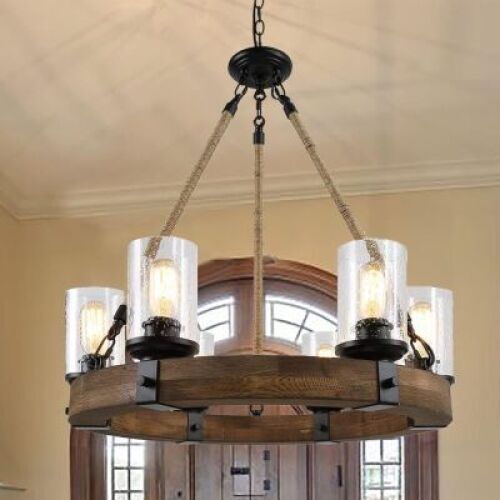 Rustic 6 Light Wagon Wheel Chandelier, Round Wood Pendant Light with Seeded Glass Shade, Farmhouse Chandeliers for Dining Room Kitchen Island Foyer Entryway - Lot 4157