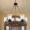Rustic 6 Light Wagon Wheel Chandelier, Round Wood Pendant Light with Seeded Glass Shade, Farmhouse Chandeliers for Dining Room Kitchen Island Foyer Entryway - Thumbnail 1