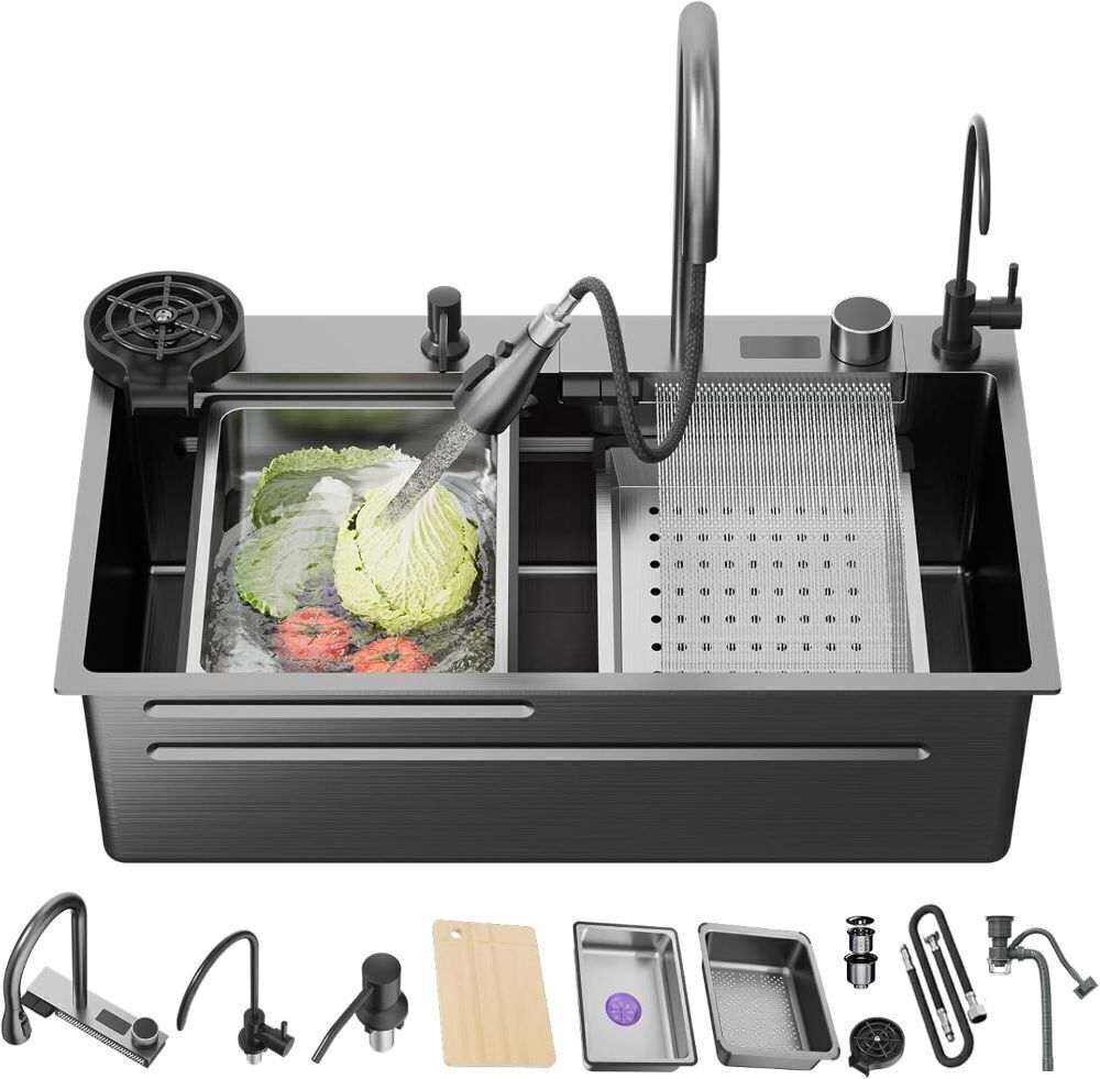 29.5 Inch Black-Grey Nano Kitchen Sink and Waterfall Faucet, 29.5x18x9 Single Bowl Stainless Steel Workstation Kitchen Sink with Digital Display and Faucet Combo Set,Countertop/Drop-in - Image 1 - Lot 4158