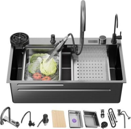 29.5 Inch Black-Grey Nano Kitchen Sink and Waterfall Faucet, 29.5x18x9 Single Bowl Stainless Steel Workstation Kitchen Sink with Digital Display and Faucet Combo Set,Countertop/Drop-in - Lot 4158