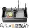 29.5 Inch Black-Grey Nano Kitchen Sink and Waterfall Faucet, 29.5x18x9 Single Bowl Stainless Steel Workstation Kitchen Sink with Digital Display and Faucet Combo Set,Countertop/Drop-in - Thumbnail 1