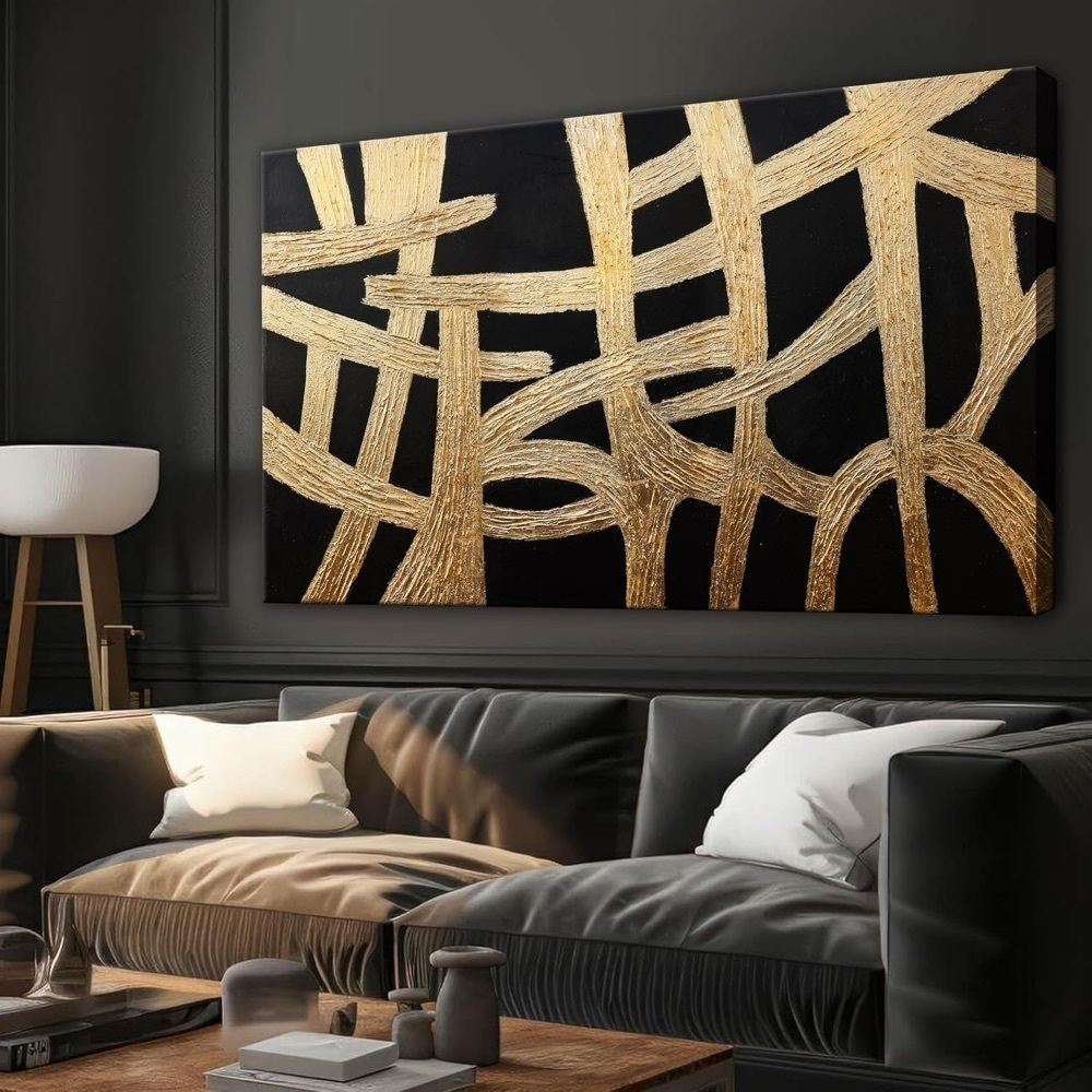 Abstract Wall Art Paintings Canvas Wall Art Decor Black And Gold Lines - Image 1 - Lot 4320