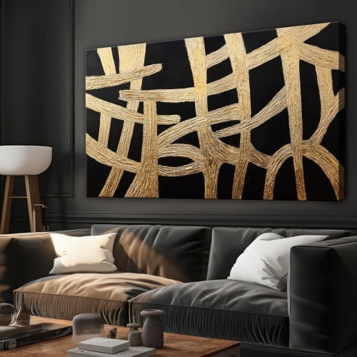 Abstract Wall Art Paintings Canvas Wall Art Decor Black And Gold Lines - Lot 4320