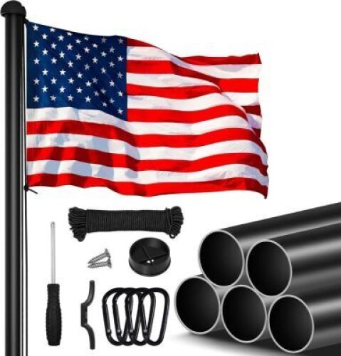 20FT Heavy Duty Flag Poles for Outside House In Ground, 6063 Aluminum Extra Thick Black Flag Pole Kit with 3x5 Embroidered American Flag - Lot 4358
