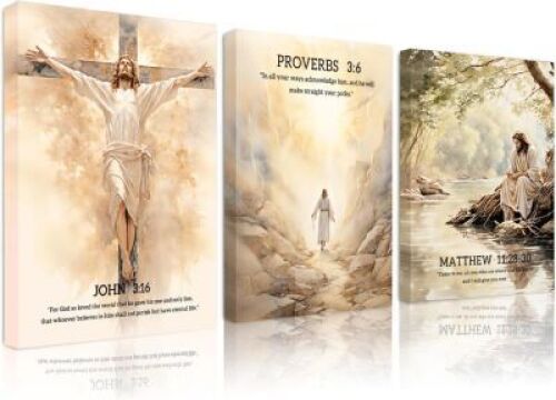 3Pcs Framed Jesus Christian Motivational Earth Tone Verse and Bible Stories Scripture Canvas Wall Art - Lot 4391