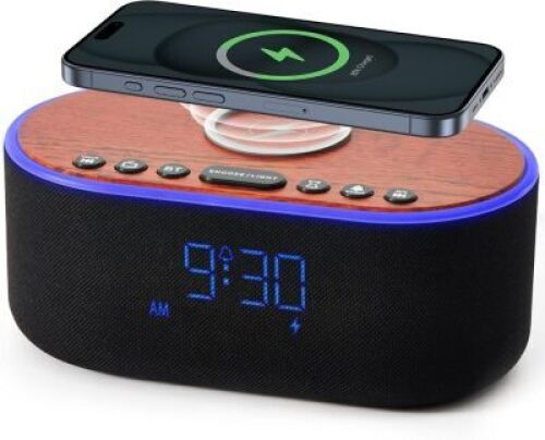 uscce Alarm Clock Bluetooth FM Radio: 10W Stereo Sound Speaker - Fast Wireless Charging for iPhone Samsung - Dimmable Clock Radio for Bedroom - Lot 4401