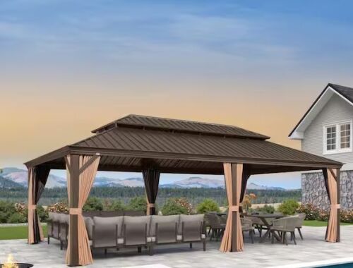 PURPLE LEAF 12 ft.x 26 ft. Bronze Aluminum Power-Coated Frame Galvanized Steel Double Roof Hardtop Gazebo, Hooks, Netting, Khaki Curtain - Lot 4JF