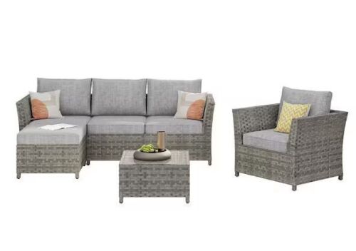 Bella Gray 6-Piece Wicker Outdoor Sectional Set with Dark Gray Cushions - Missing 2 Foot Levelers & 2 Leveler Inserts - Lot 27JF