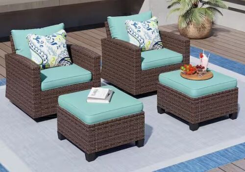 PHI VILLA Brown Rattan Wicker 4 Seat 4-Piece Steel Patio Outdoor Sectional Set - 1 Foot Broken on Ottoman - Lot 29JF