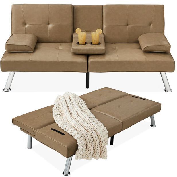 Faux Leather Upholstered Convertible Sofa Bed Futon w/ 2 Cupholders - Image 1 - Lot 60