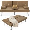 Faux Leather Upholstered Convertible Sofa Bed Futon w/ 2 Cupholders - Thumbnail 1