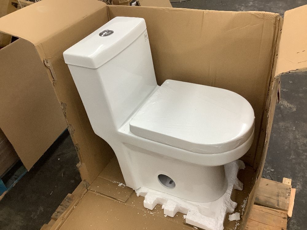 One-Piece 1.1/1.6 GPF Dual Flush Round Toilet in White Soft Close Seat - No Install Kit (Cap Covers, Wax Ring, Instructions) - Image 2 - Lot 68JF