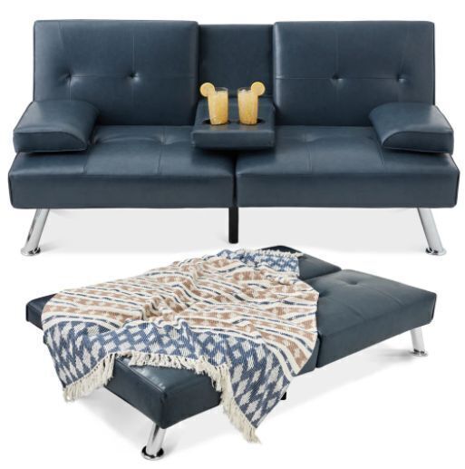 Faux Leather Upholstered Convertible Sofa Bed Futon w/ 2 Cupholders - Image 1 - Lot 77