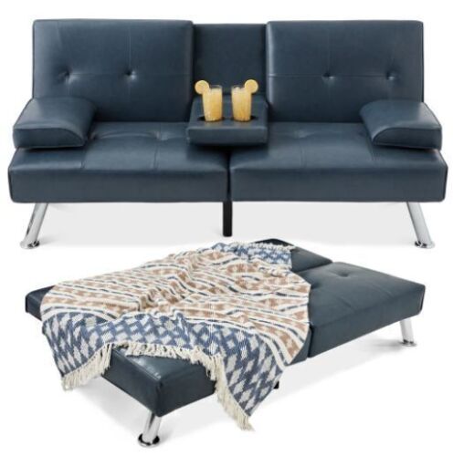 Faux Leather Upholstered Convertible Sofa Bed Futon w/ 2 Cupholders - Lot 77