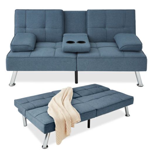 Linen Upholstered Convertible Sofa Bed Futon w/ 2 Cupholders - Image 1 - Lot 83